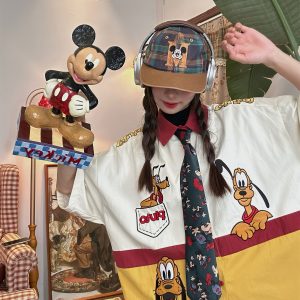 Vintage Cartoon Patchwork Short Sleeve Shirt - Handmade American Retro Style with Embroidered Pluto - Fun 90s Loose Fit Top