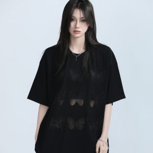 Vintage Carved Hollow Butterfly Embroidery Black Short Sleeve T-Shirt for Women - Summer Loose Fit, Y2K Ins Style