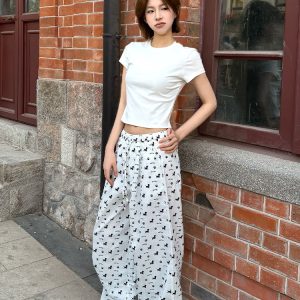 Vintage Casual Dog Print Wide-Leg Pants for Women - American Style Loose Straight Fit, Draping Effect, Versatile Summer Trousers