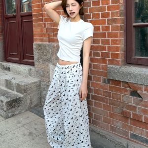 Vintage Casual Dog Print Wide-Leg Pants for Women - American Style Loose Straight Fit, Draping Effect, Versatile Summer Trousers