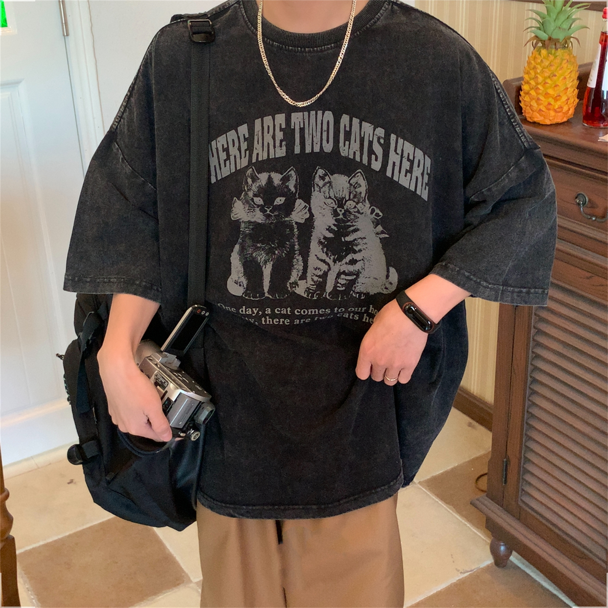 Vintage Cat Print Loose Fit Couple T-Shirt - Retro Trendy Round Neck Short Sleeve Top for Lazy Days Vintage Cat Print Loose Fit Couple T-Shirt - Retro Trendy Round Neck Short Sleeve Top for Lazy Days