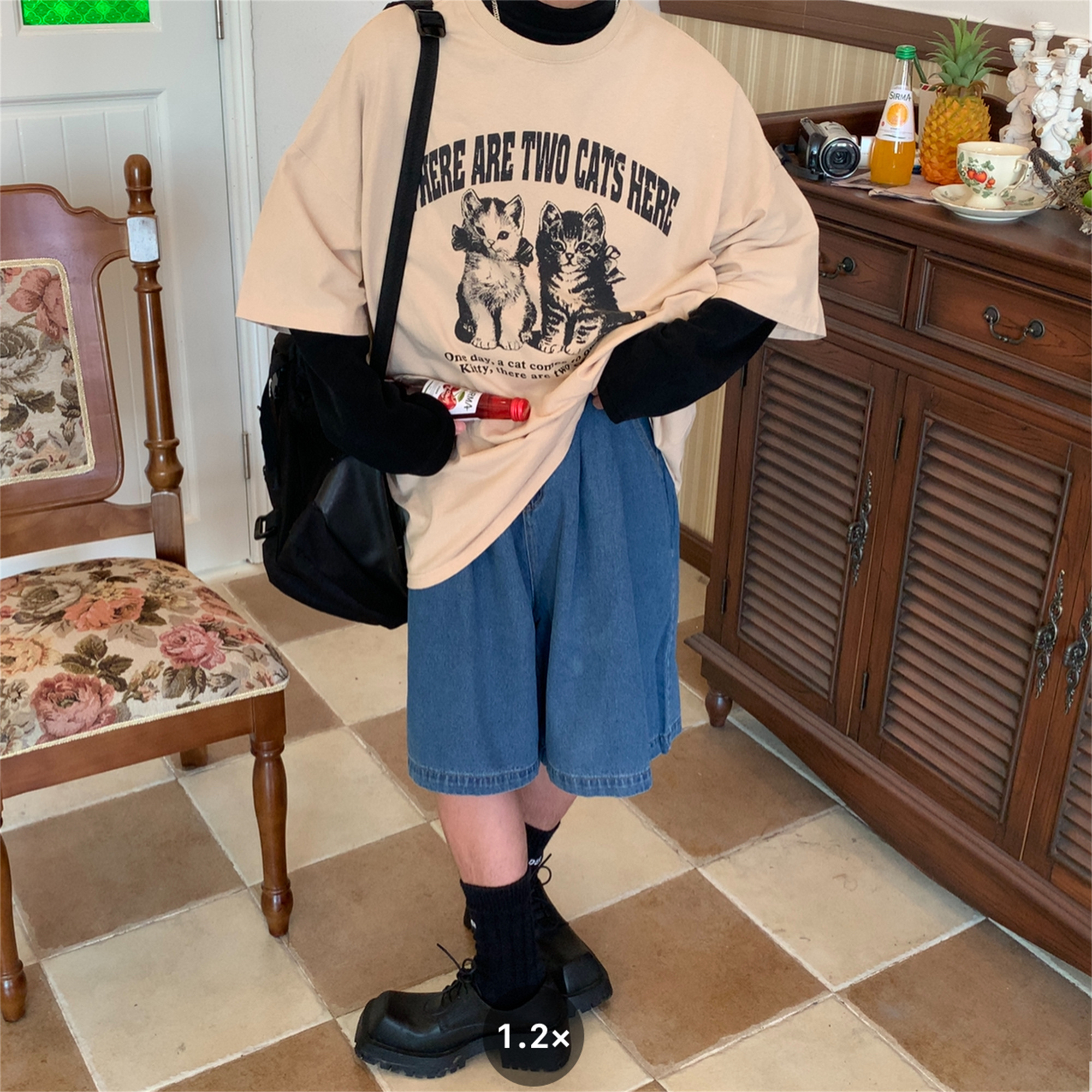 Vintage Cat Print Loose Fit Couple T-Shirt - Retro Trendy Round Neck Short Sleeve Top for Lazy Days Vintage Cat Print Loose Fit Couple T-Shirt - Retro Trendy Round Neck Short Sleeve Top for Lazy Days
