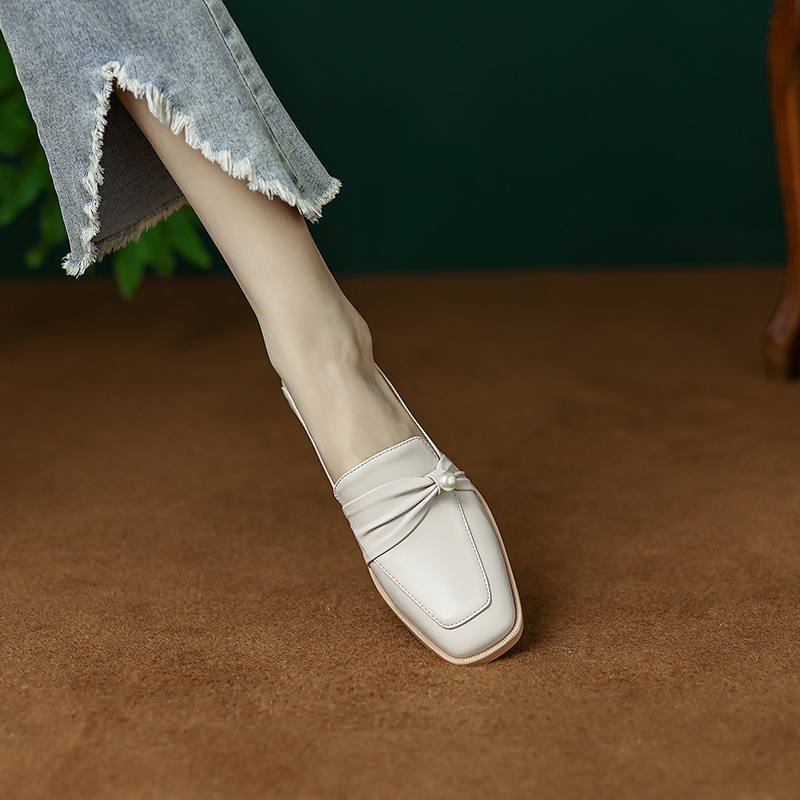 Vintage Chunky Mid-Heel Pearl Bow Single Shoes for Women - 2025 Genuine Leather Square-Toe Design, Stylish and Sophisticated