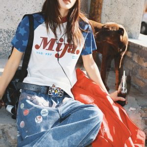 Vintage Color-Blocking Star Shoulder Short Sleeve T-Shirt for Women - Slim Fit Summer Versatile Top, Y2K Style