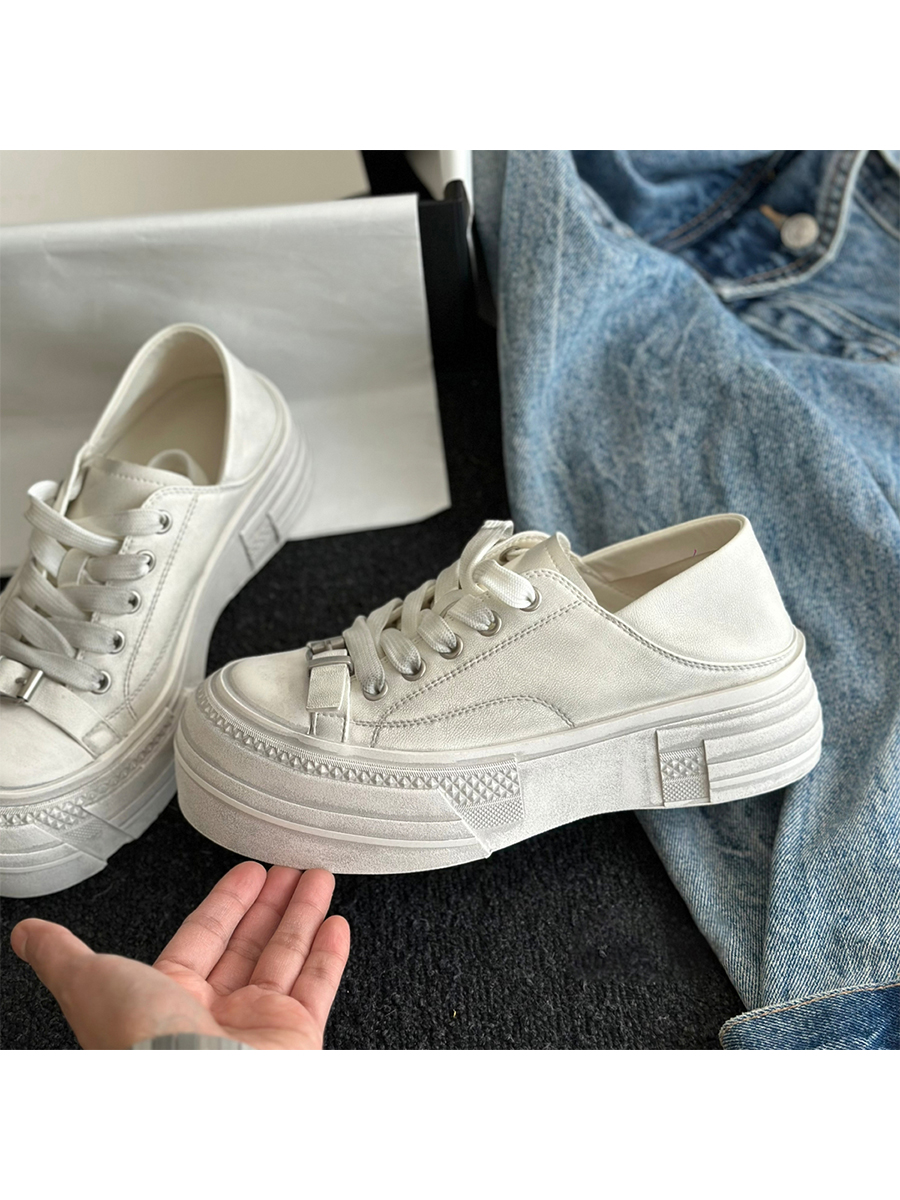 Vintage Cowhide Thick-Soled White Lace-Up Casual Sports Shoes for Petite Sizes - Versatile Canvas Style Vintage Cowhide Thick-Soled White Lace-Up Casual Sports Shoes for Petite Sizes - Versatile Canvas Style
