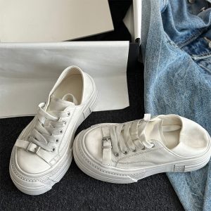 Vintage Cowhide Thick-Soled White Lace-Up Casual Sports Shoes for Petite Sizes - Versatile Canvas Style
