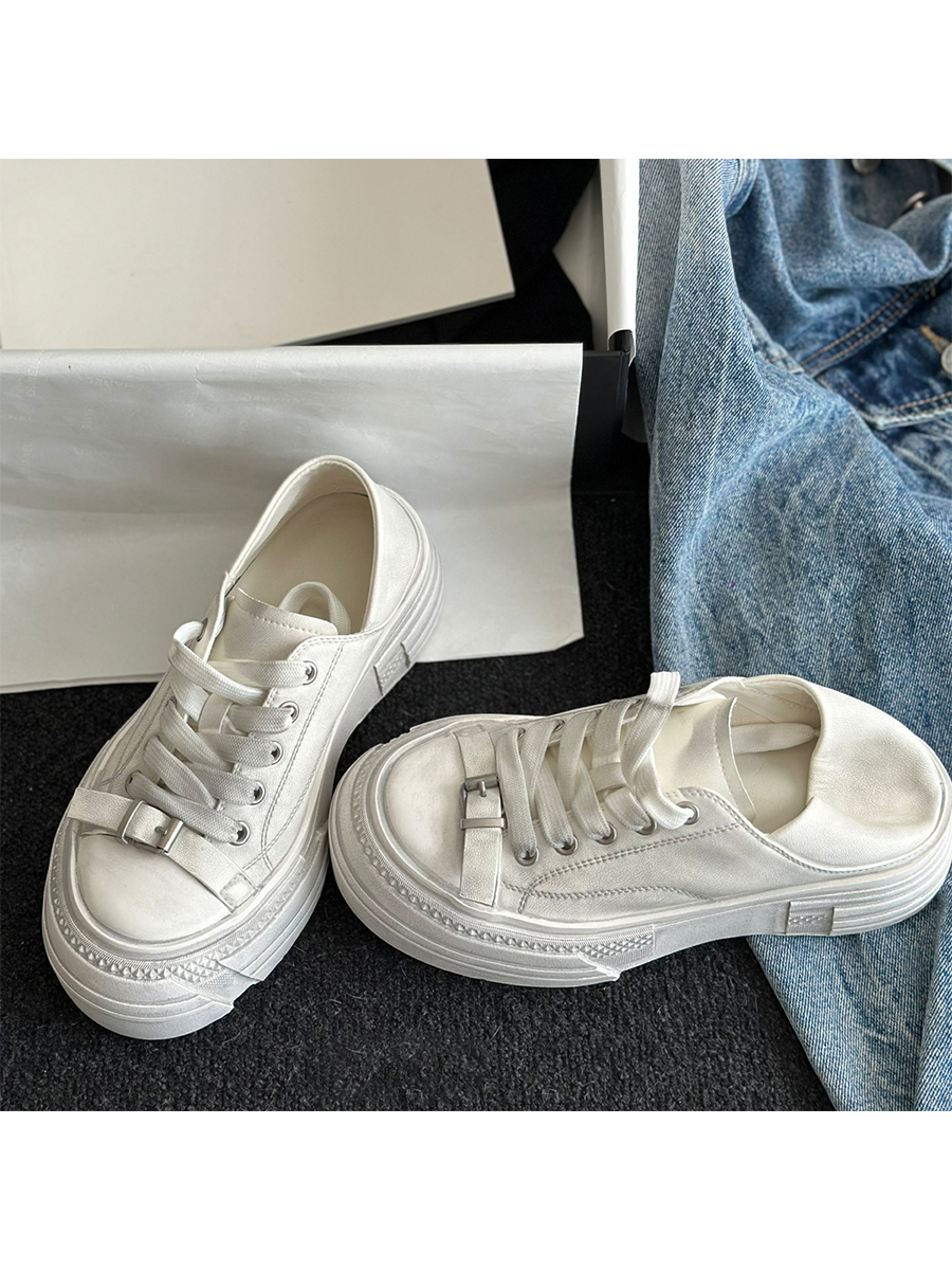 Vintage Cowhide Thick-Soled White Lace-Up Casual Sports Shoes for Petite Sizes - Versatile Canvas Style Vintage Cowhide Thick-Soled White Lace-Up Casual Sports Shoes for Petite Sizes - Versatile Canvas Style