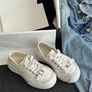 Vintage Cowhide Thick-Soled White Lace-Up Casual Sports Shoes for Petite Sizes - Versatile Canvas Style