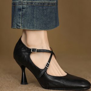 Vintage Cross-Strap Thin-Heeled High Heels for Women - 2025 Spring Summer Shallow Mouth Wine Red Shoes