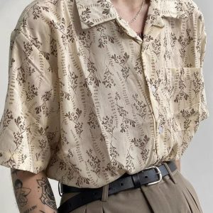 Vintage Cuban Collar Short Sleeve Shirt for Men and Women, Retro Floral Summer Beach Shirt, Japanese Style, Loose Fit