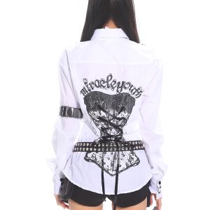 Vintage Dark Style Printed Tie Waist Shirt Blouse for Women - Sexy Summer Niche Design, Retro Y2K Inspired Fashion