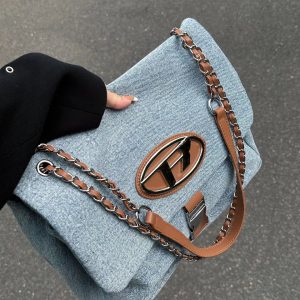 Vintage Denim Chain Strap Crossbody Bag for Women - Large Capacity Casual Underarm Commuting Bag 2023