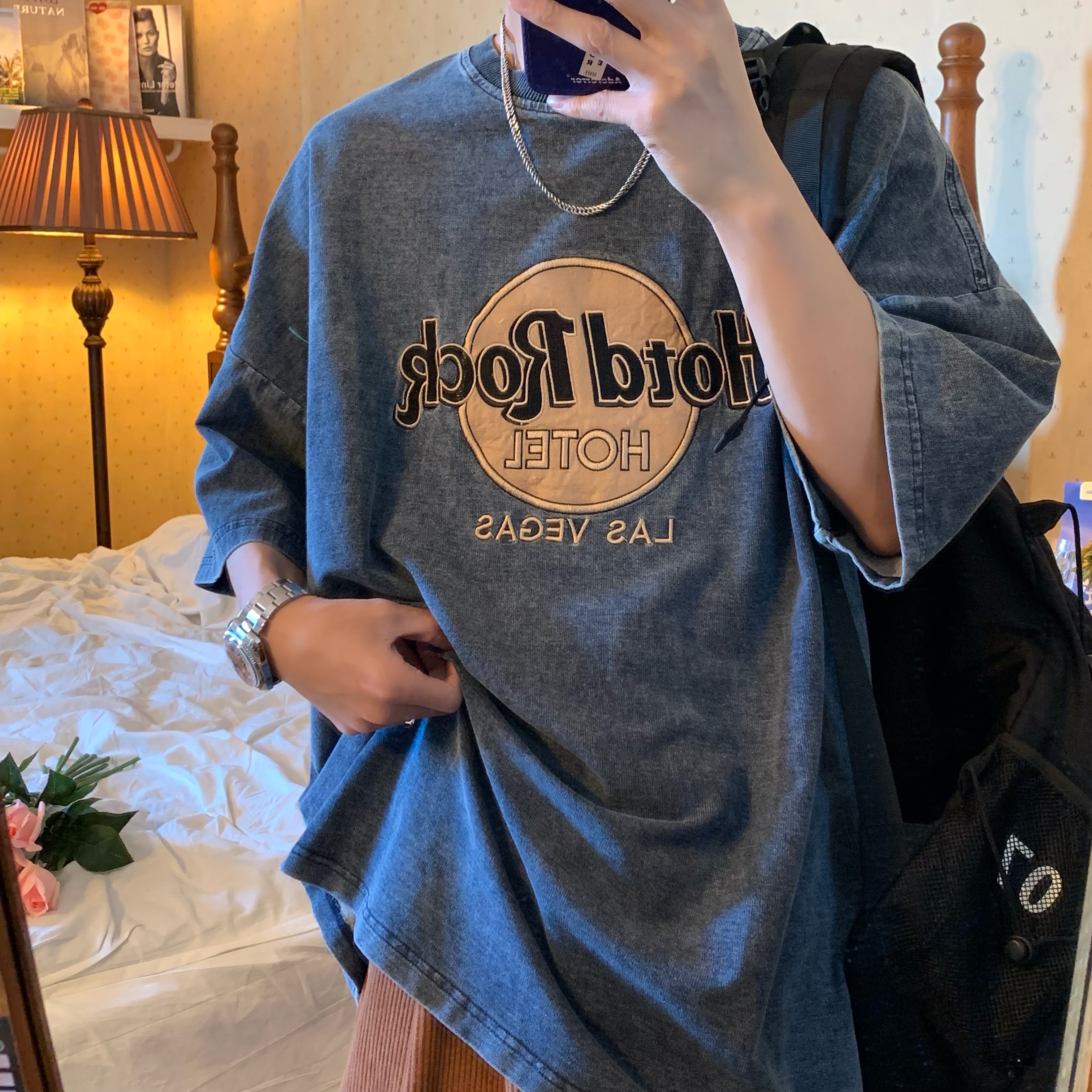 Vintage Denim Rock Style Loose Short Sleeve T-Shirt for Summer 2024 - Handmade Wash-Worn Casual Look