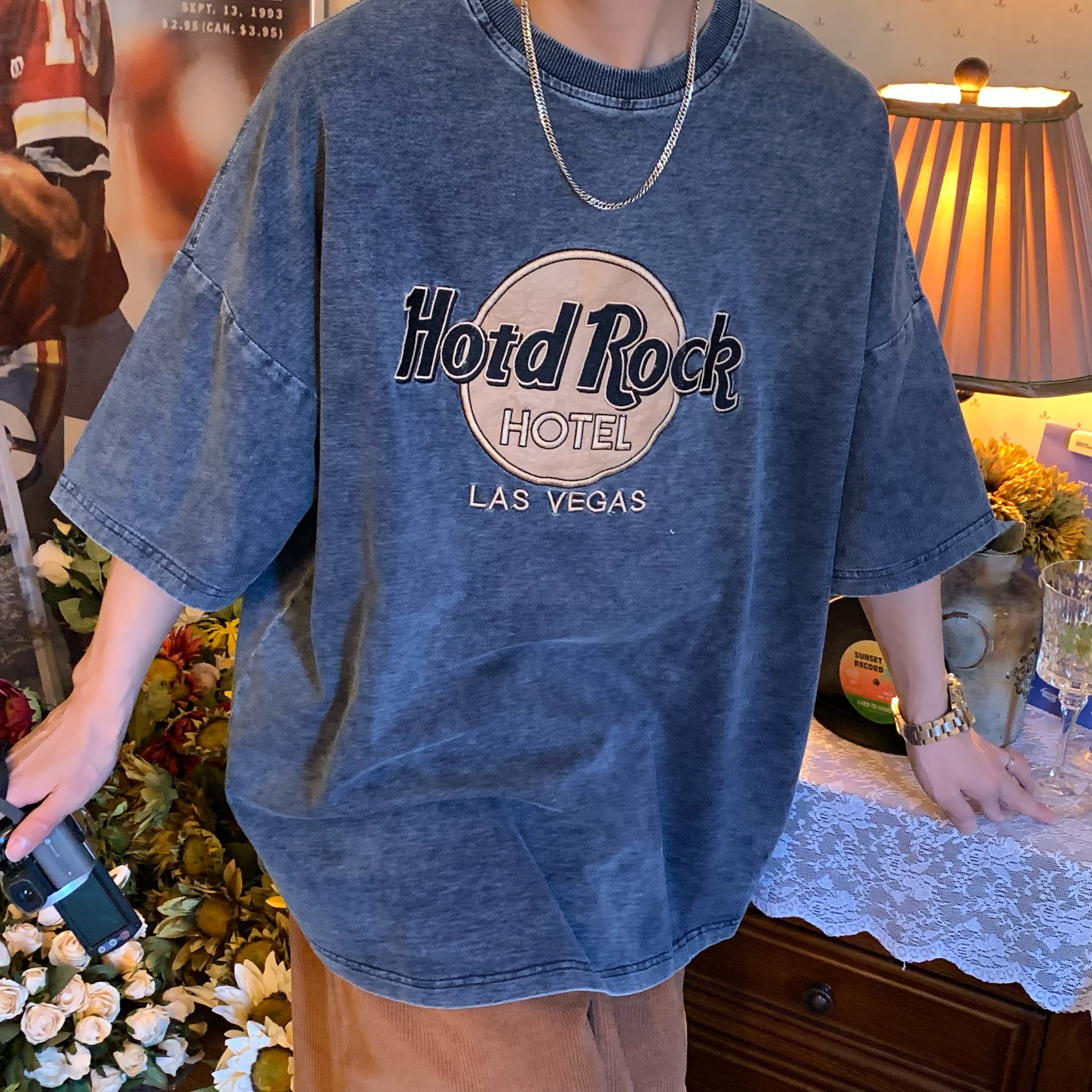 Vintage Denim Rock Style Loose Short Sleeve T-Shirt for Summer 2024 - Handmade Wash-Worn Casual Look