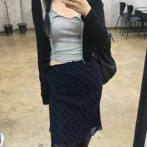 Vintage Diagonal Striped Mesh Mid-Length Skirt for Women, Slim Straight Retro Design, Low Waist Bow Detail, Y2K Style