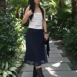 Vintage Diagonal Striped Mesh Mid-Length Skirt for Women, Slim Straight Retro Design, Low Waist Bow Detail, Y2K Style