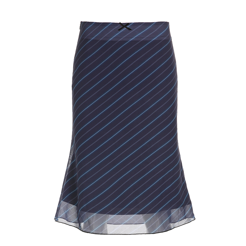 Vintage Diagonal Striped Mesh Mid-Length Skirt for Women, Slim Straight Retro Design, Low Waist Bow Detail, Y2K Style