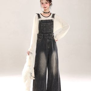 Vintage Distressed Denim Overalls for Women, Loose Wide-Leg Straight Jumpsuit, Spring Summer 2025, Retro 90s Style