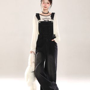 Vintage Distressed Denim Overalls for Women, Loose Wide-Leg Straight Jumpsuit, Spring Summer 2025, Retro 90s Style