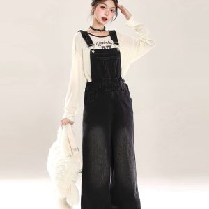 Vintage Distressed Denim Overalls for Women, Loose Wide-Leg Straight Jumpsuit, Spring Summer 2025, Retro 90s Style