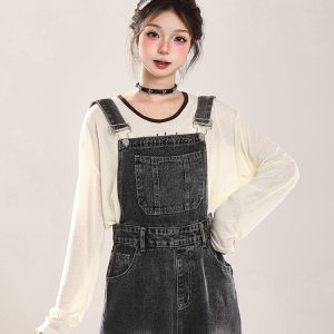 Vintage Distressed Denim Overalls for Women, Loose Wide-Leg Straight Jumpsuit, Spring Summer 2025, Retro 90s Style