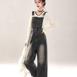 Vintage Distressed Denim Overalls for Women, Loose Wide-Leg Straight Jumpsuit, Spring Summer 2025, Retro 90s Style