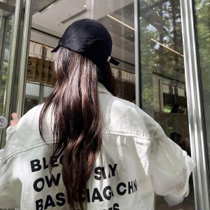 Vintage Distressed Letter Print Long Sleeve Frayed Shirt - Unisex Relaxed Fit Streetwear Jacket