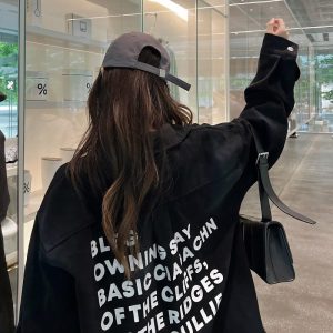 Vintage Distressed Letter Print Long Sleeve Frayed Shirt - Unisex Relaxed Fit Streetwear Jacket