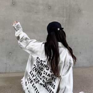 Vintage Distressed Letter Print Long Sleeve Frayed Shirt - Unisex Relaxed Fit Streetwear Jacket