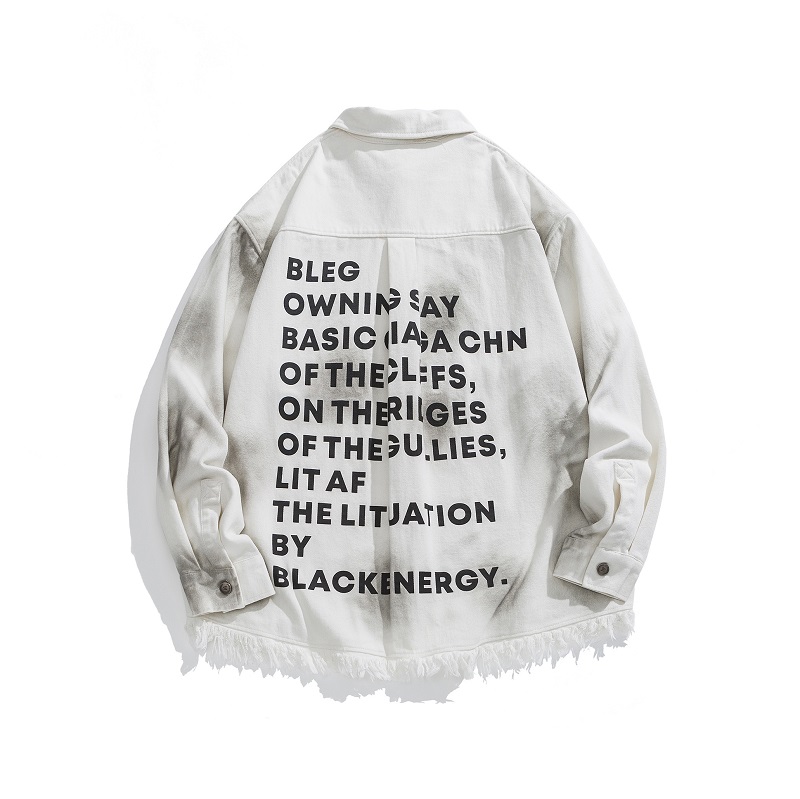 Vintage Distressed Letter Print Long Sleeve Frayed Shirt - Unisex Relaxed Fit Streetwear Jacket