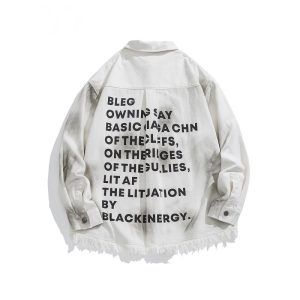 Vintage Distressed Letter Print Long Sleeve Frayed Shirt - Unisex Relaxed Fit Streetwear Jacket