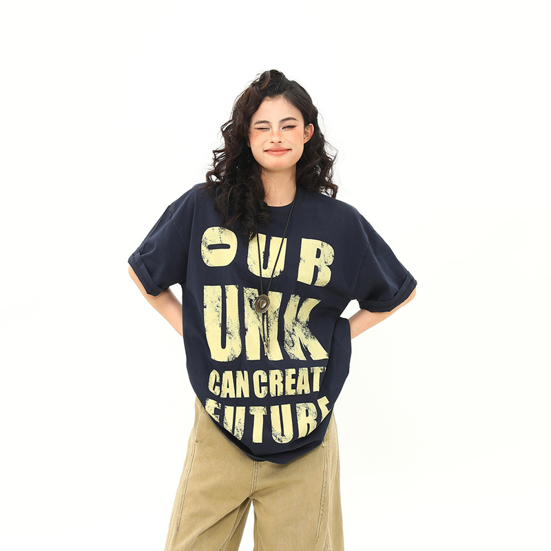 Vintage Distressed Letter Print Short Sleeve T-Shirt for Women, Trendy Loose Fit American Style, Versatile Casual Couple Top