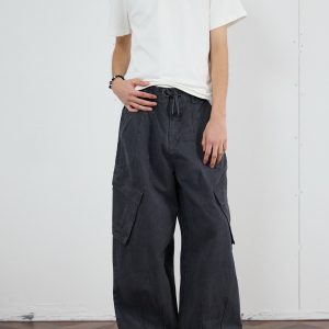 Vintage Distressed Loose-Fit Work Pants for Men - Wide Straight-Leg Trousers in American Casual Style