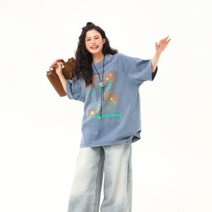 Vintage Distressed Printed Short Sleeve T-Shirt for Men and Women, Loose Fit Couple Tee, Retro American Style, Casual Fashion