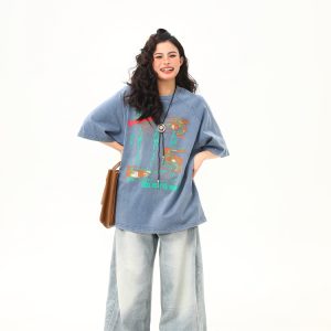 Vintage Distressed Printed Short Sleeve T-Shirt for Men and Women, Loose Fit Couple Tee, Retro American Style, Casual Fashion