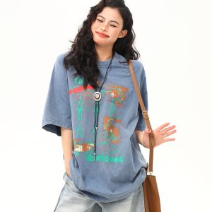 Vintage Distressed Printed Short Sleeve T-Shirt for Men and Women, Loose Fit Couple Tee, Retro American Style, Casual Fashion