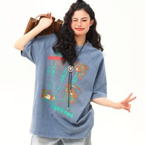 Vintage Distressed Printed Short Sleeve T-Shirt for Men and Women, Loose Fit Couple Tee, Retro American Style, Casual Fashion