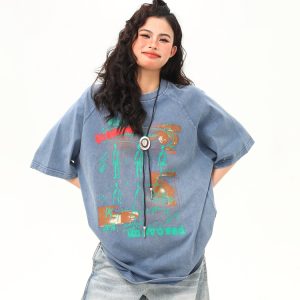 Vintage Distressed Printed Short Sleeve T-Shirt for Men and Women, Loose Fit Couple Tee, Retro American Style, Casual Fashion