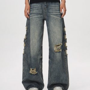 Vintage Distressed Ripped Jeans for Women - Loose Straight Leg Flared Pants, Casual 90s American Style