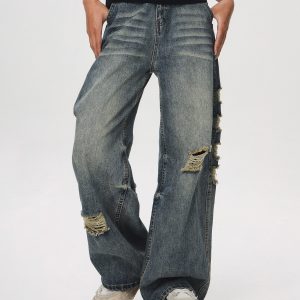 Vintage Distressed Ripped Jeans for Women - Loose Straight Leg Flared Pants, Casual 90s American Style