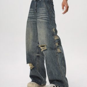 Vintage Distressed Ripped Jeans for Women - Loose Straight Leg Flared Pants, Casual 90s American Style