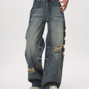 Vintage Distressed Ripped Jeans for Women - Loose Straight Leg Flared Pants, Casual 90s American Style