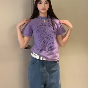 Vintage Dolphin Print Short Sleeve T-Shirt for Women, Slim Fit Summer Top, Round Neck Trendy Casual Style