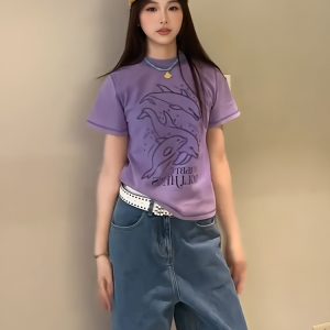 Vintage Dolphin Print Short Sleeve T-Shirt for Women, Slim Fit Summer Top, Round Neck Trendy Casual Style