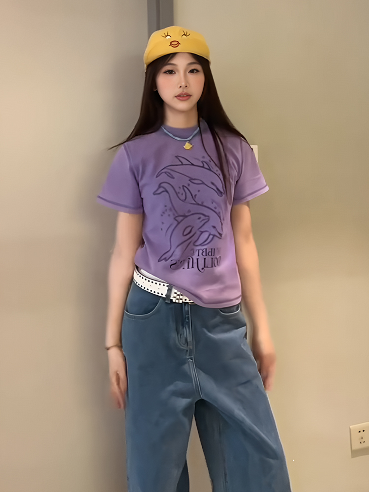 Vintage Dolphin Print Short Sleeve T-Shirt for Women, Slim Fit Summer Top, Round Neck Trendy Casual Style Vintage Dolphin Print Short Sleeve T-Shirt for Women, Slim Fit Summer Top, Round Neck Trendy Casual Style