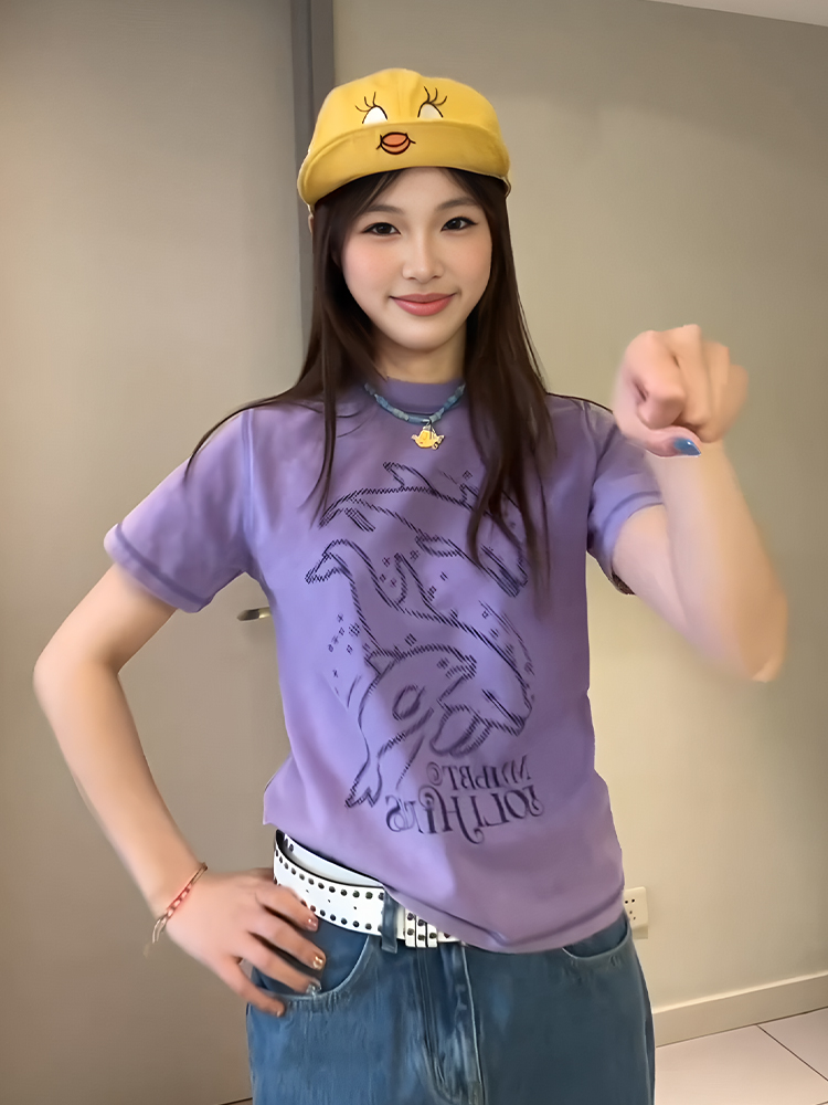 Vintage Dolphin Print Short Sleeve T-Shirt for Women, Slim Fit Summer Top, Round Neck Trendy Casual Style Vintage Dolphin Print Short Sleeve T-Shirt for Women, Slim Fit Summer Top, Round Neck Trendy Casual Style