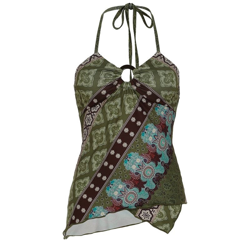 Vintage Elements Irregular Pattern Neckline Backless Women's Tank Top with Round Ring Buckle - Y2K Inspired Fashion