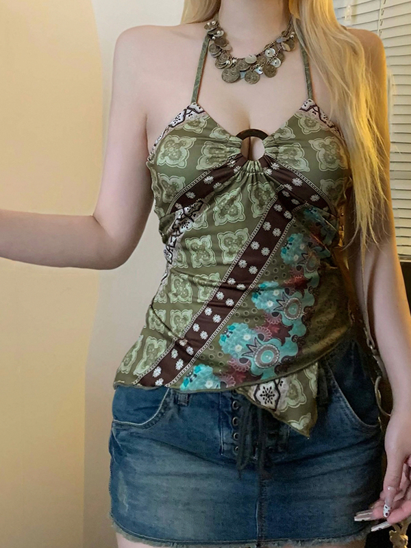 Vintage Elements Irregular Pattern Neckline Backless Women's Tank Top with Round Ring Buckle - Y2K Inspired Fashion Vintage Elements Irregular Pattern Neckline Backless Women's Tank Top with Round Ring Buckle - Y2K Inspired Fashion