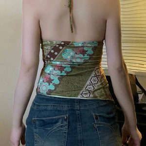 Vintage Elements Irregular Pattern Neckline Backless Women's Tank Top with Round Ring Buckle - Y2K Inspired Fashion