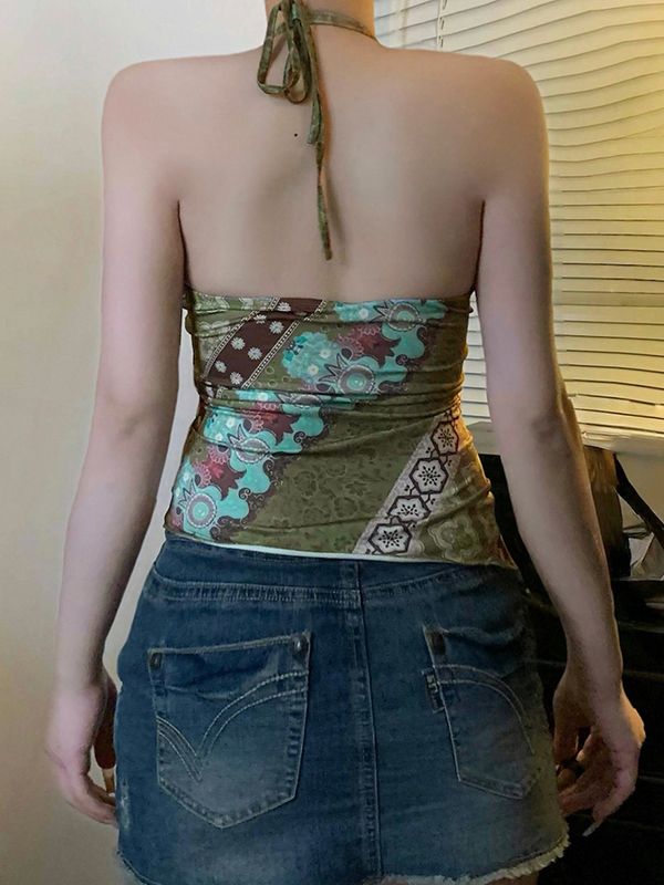 Vintage Elements Irregular Pattern Neckline Backless Women's Tank Top with Round Ring Buckle - Y2K Inspired Fashion Vintage Elements Irregular Pattern Neckline Backless Women's Tank Top with Round Ring Buckle - Y2K Inspired Fashion